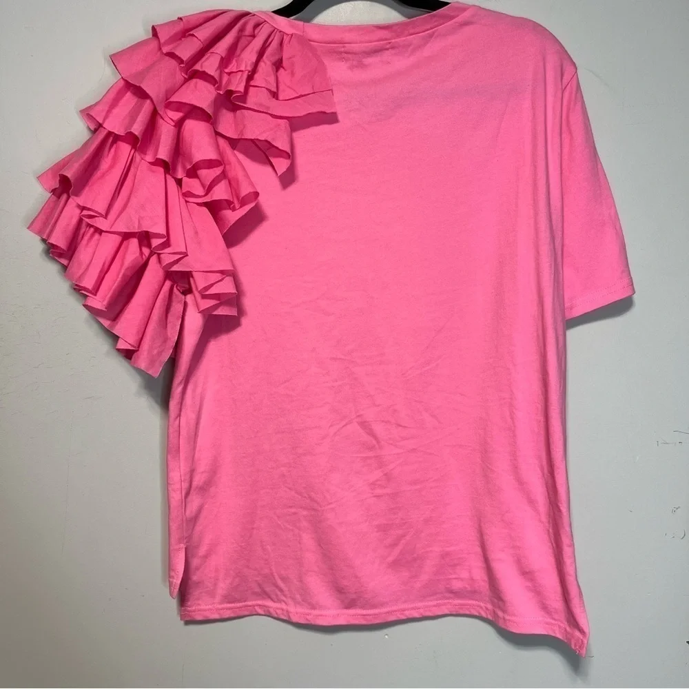 Molly Bracken Lili Sidonio Ruffle Sleeve Preppy Soft Tee Shirt Blouse Top Pink-M - Picture 7 of 12